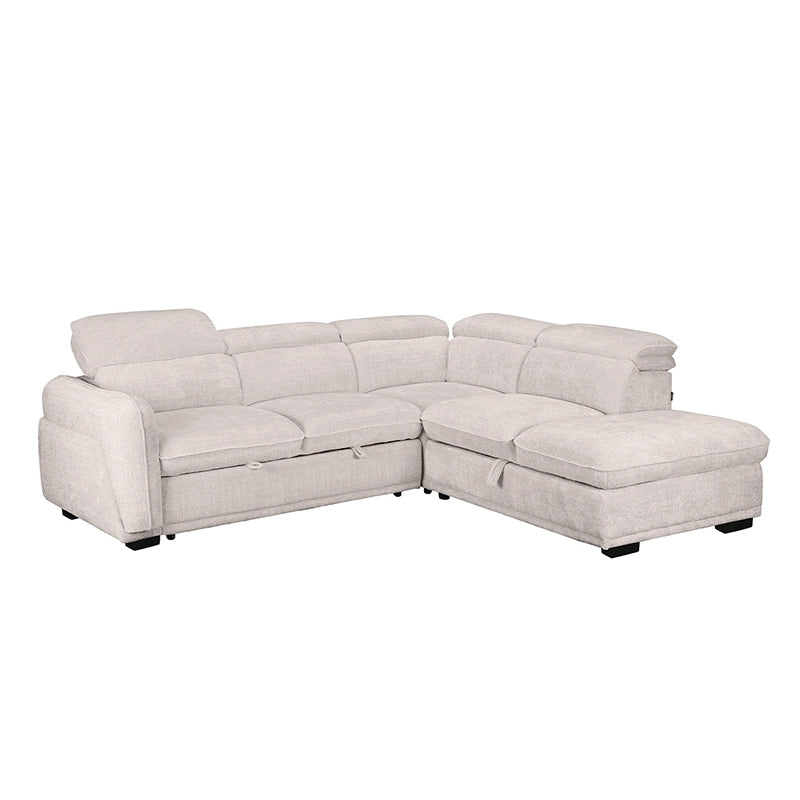 The integrated manual pull-out mechanism converts the cushioned seating into a medium-firm queen-sized sleep surface