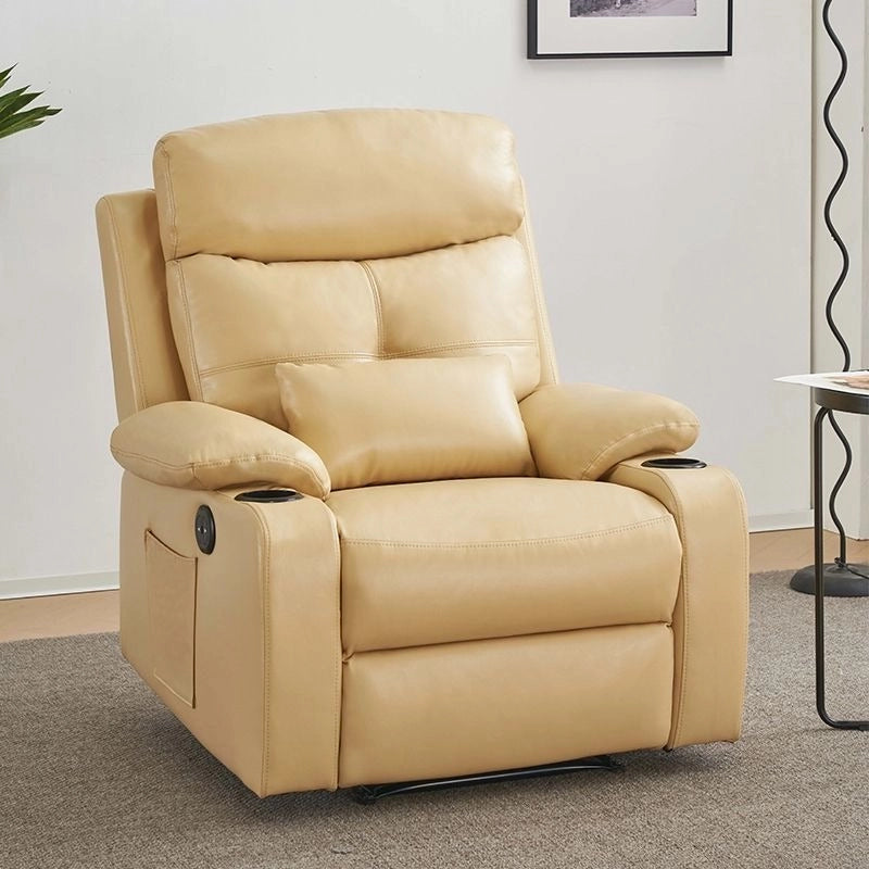 Camel tan recliner with side pocket, couch with a recliner and boxy shape, swivel base