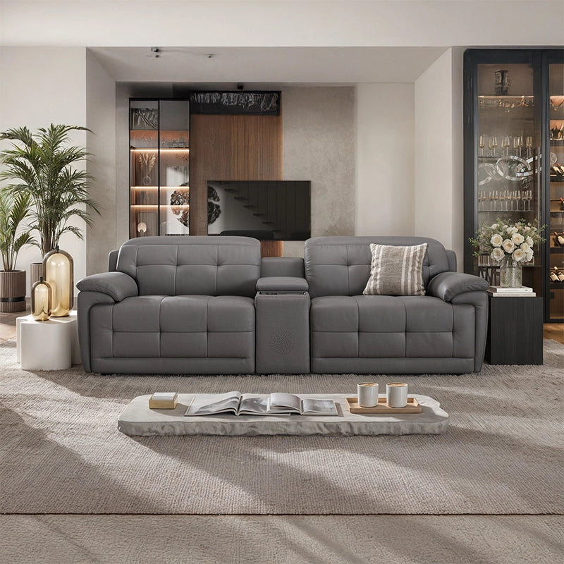 Three-seat layout pic showing home cinema recliner, theater sofa seating, grey quilted finish