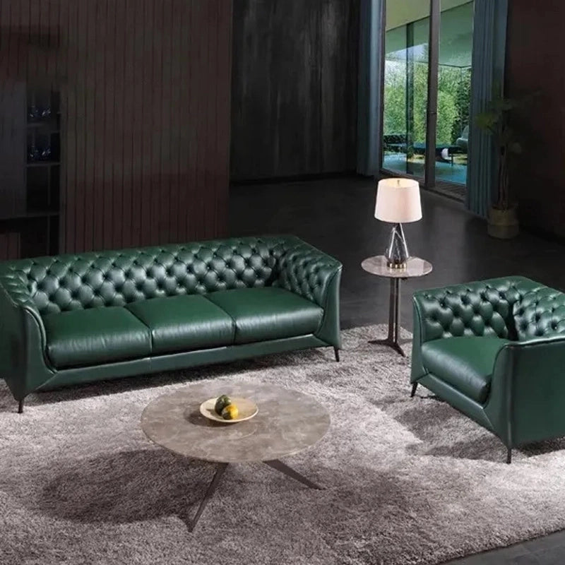 Tufted backrest leather settee, designed sofa set, leather couch set, rectilinear frame