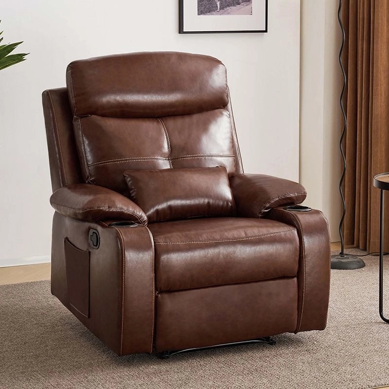 Brown overstuffed recliner with segmented back, recliner chair and ergonomic contour, pillow-top arms