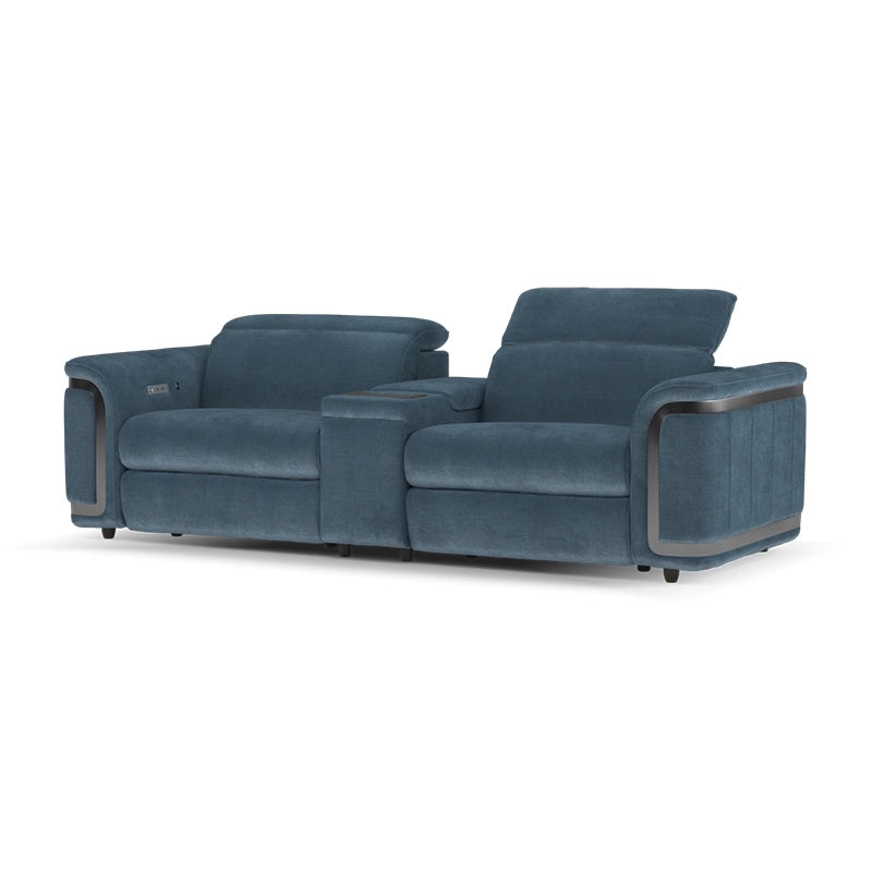 Royal blue photo with gold trim, sofa and recliner set, reclining couch - 2+console 