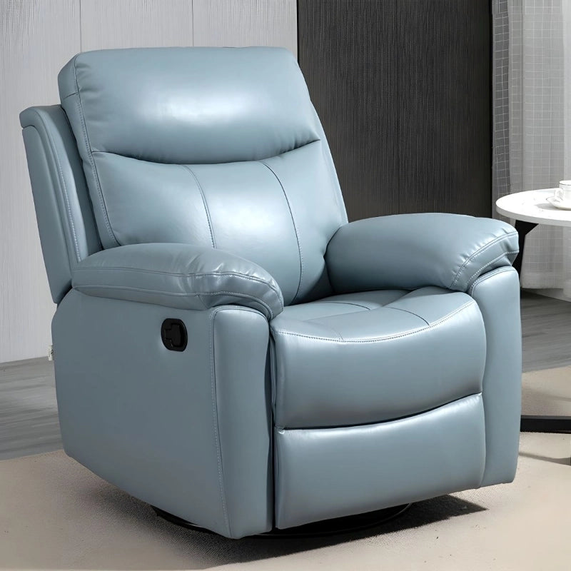Blue faux leather picture of reclining chair — soft contouring, designer recliner, contemporary comfort