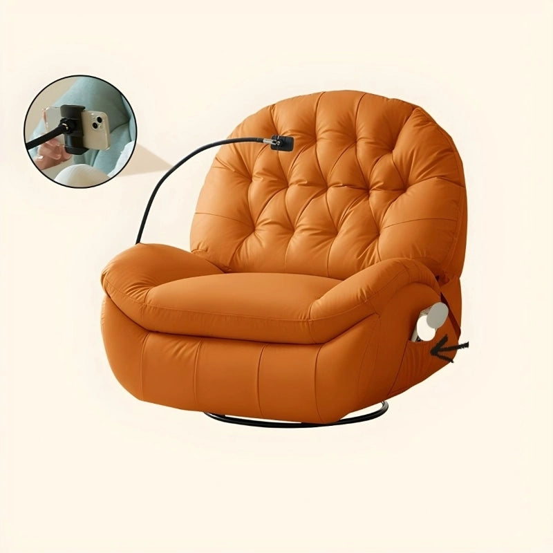 This reclining couch functions with a smooth swivel base and manual pull-lever for effortless movement.