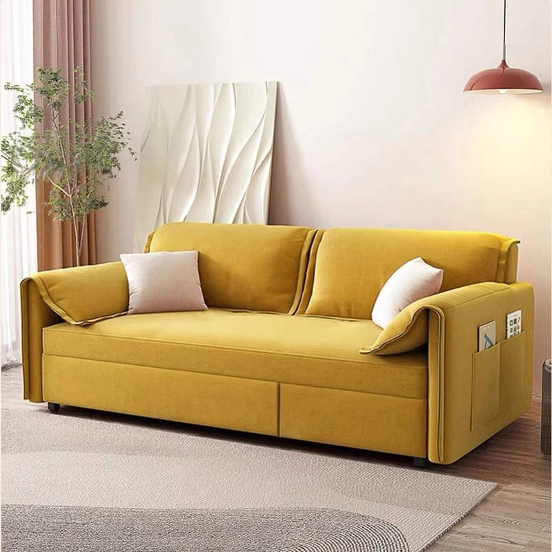 Pullout ottoman view of sofa bed couch, sleeper sofa, mustard yellow, zig zag spring