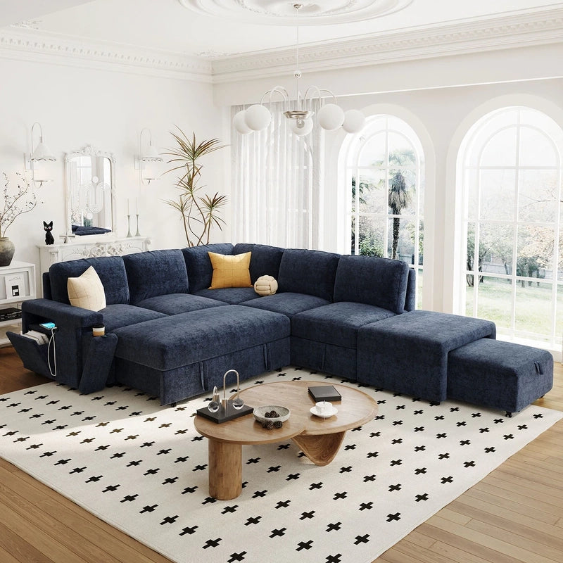 Finished in beige and navy blue, this medium-firm sofa cumbed is ideal for compact apartments or studio living. 