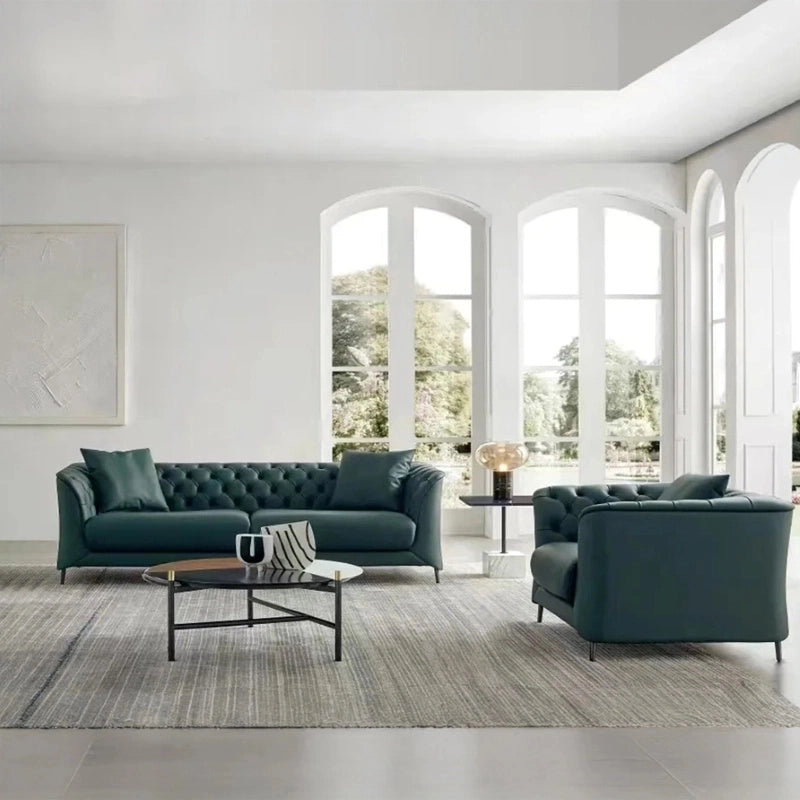 Flared arm green leather couch, living room couch, modern sofa design