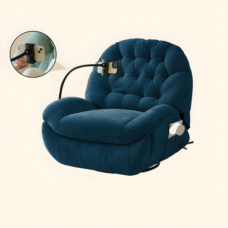 The thick tufted backrest, pillow-top arms, and chaise-style footrest enhance its utility as a relaxing lounge settee or modern recliner