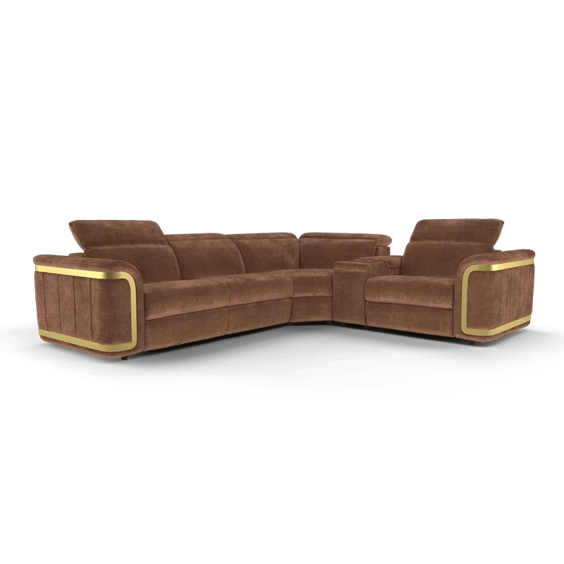 Available in rich tones like green, blue, beige, and brown, each recliner couch is framed with luxurious gold or metallic trims that add glamour to any modern home - 2+corner+console+1