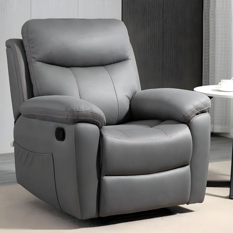 Plush grey recliner pic with leg support — reclining chair, deep cushioned, made to order