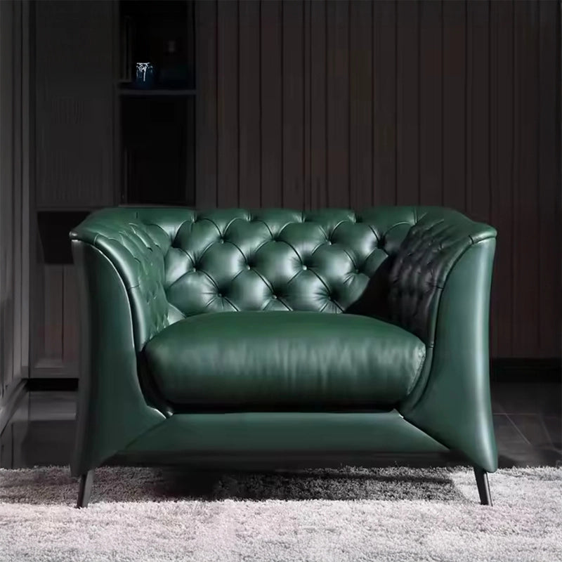 Flared arm green leather couch, living room couch, modern sofa design, 1 seater