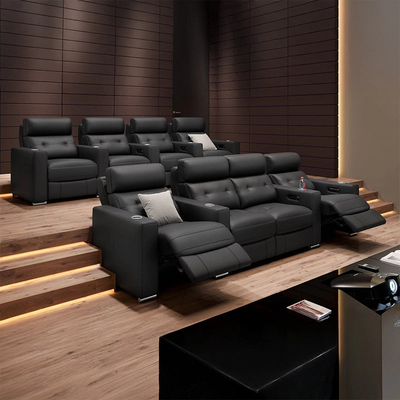 Available in multiple configurations from dual to four-seat straight rows, these home theater recliners blend premium upholstery with electric-powered footrests and LED-lit cup holders for an immersive cinematic experience. 