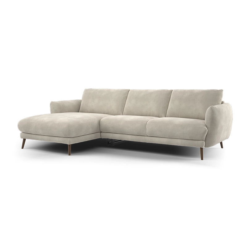 Aesthetically, its curved arms, tapered legs, and mid-back pillow cushions add modern sophistication.