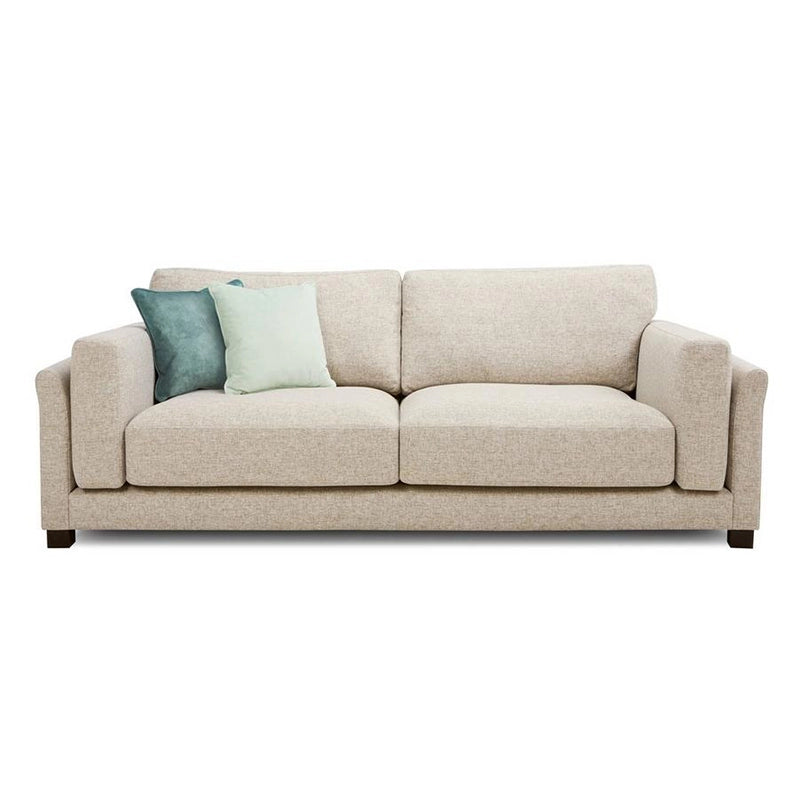 Crafted from durable neem wood and upholstered in neutral beige-grey cloth fabric, the design balances elegance with family-safe features.