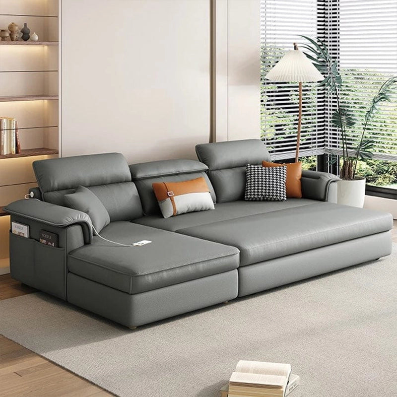 Grey L-shaped sofa cam bed with side pockets, sofa cum bed couch, 3+L sectional
