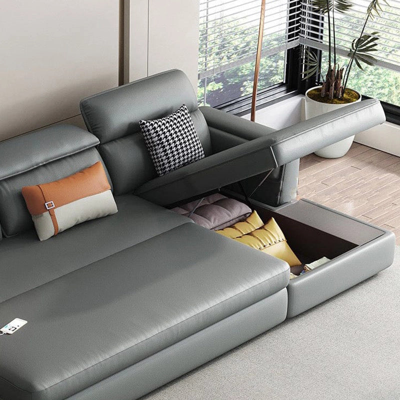 Chaise-lift storage detail, convertible sofa bed design, sofa bed couch, Nova leatherette - grey