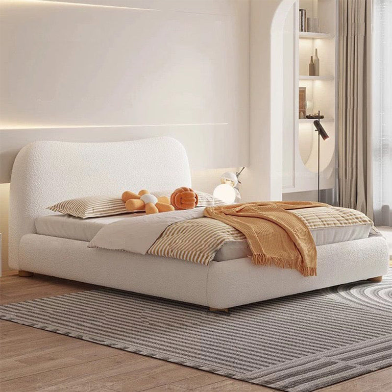 Off-white bouclé fabric bed with wooden stub legs – bed frame, cot design