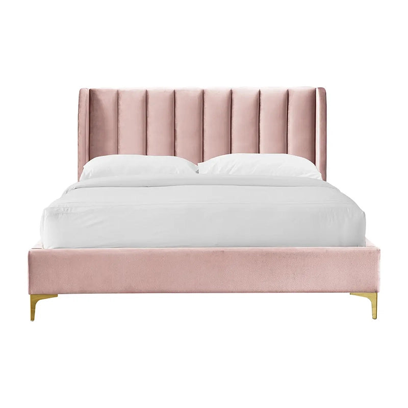 Wingback vertical-tufted headboard + bed frame + new bed design + blush pink velvet