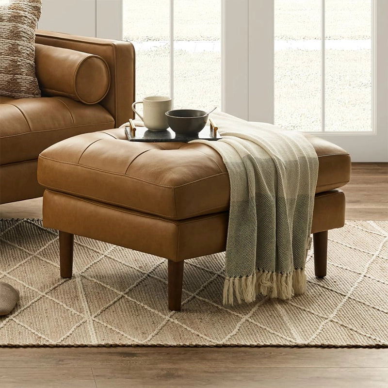 Grid tufted leather image with ottoman and footstool in camel brown finish