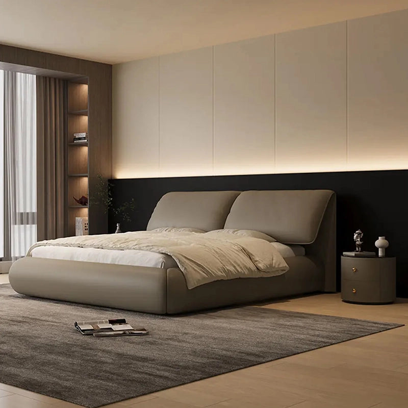 Ergonomic headboard with plush cushions, modern bed design + bed frame, taupe leatherette
