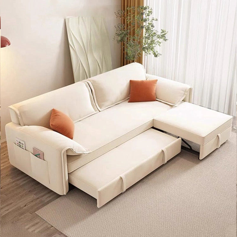 L-shaped sofa cum bed with side pockets, convertible couch sleeper, 3 seater, cream