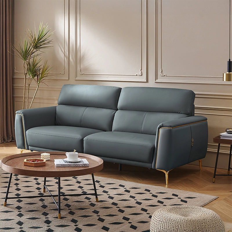 Grey-blue leather sofa with gold legs – modern sofa design + premium sofa + 2 seater leather