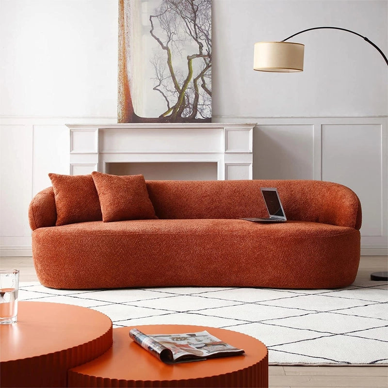 Rust orange boucle sofa with curved silhouette, stylish sofa design, fabric couch – 3 seater