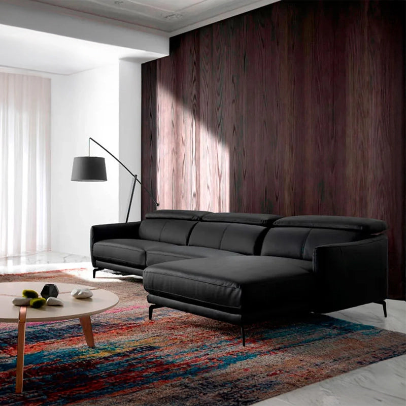 Black leather L-shape couch with adjustable headrests, modern sofa design, pure leather sofa