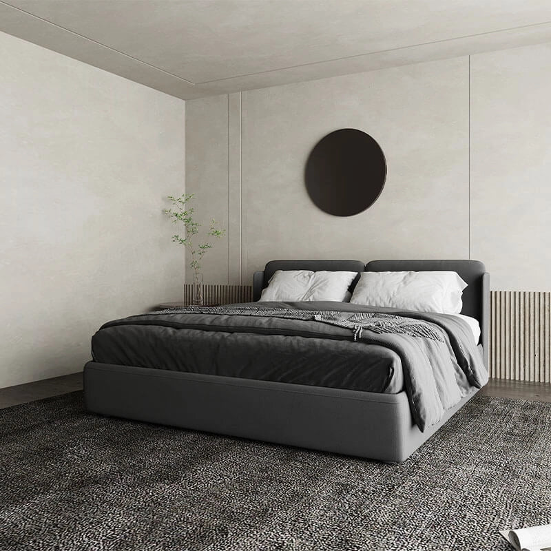 Segmented headboard design with bed frame and bed online in dark grey fabric