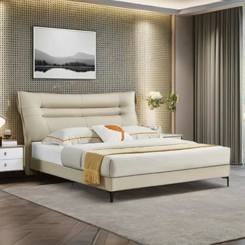 Beige headboard with vertical segments, bed frame & master bedroom bed design