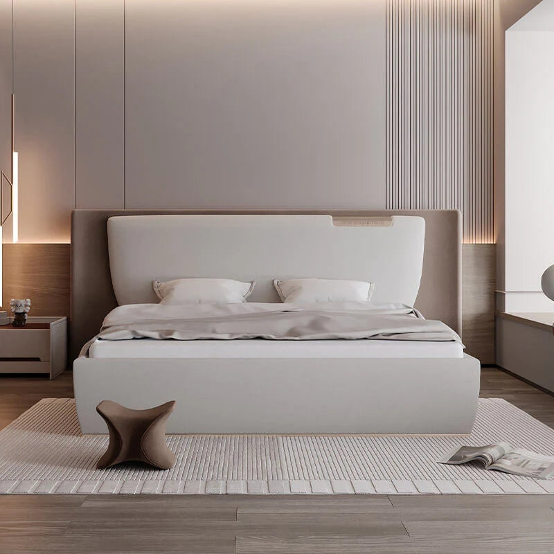Cream taupe bed photo with modern bed design and bed frame, no visible legs