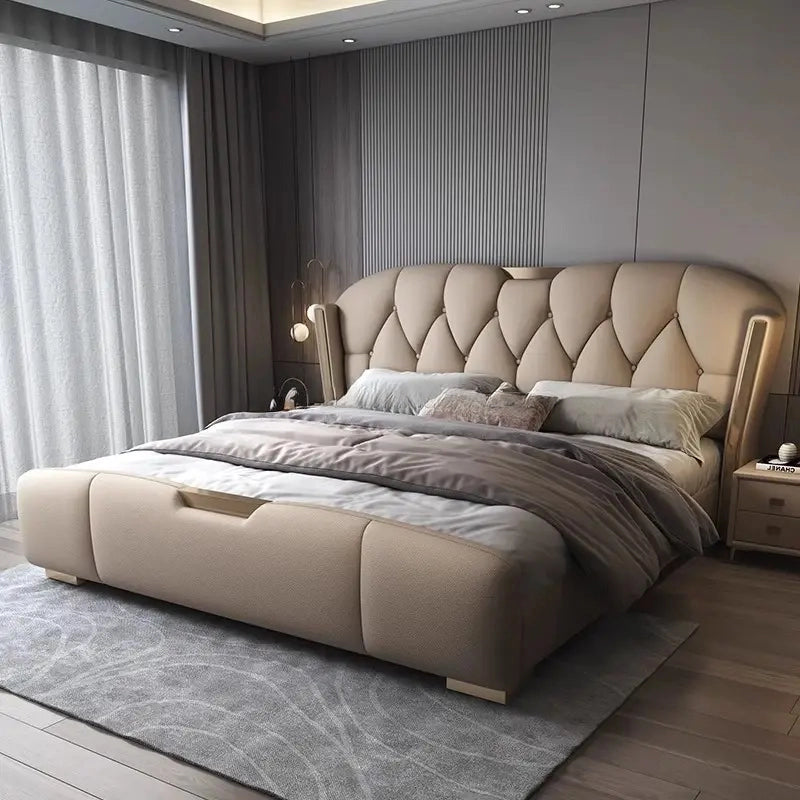 Diamond-tufted scalloped headboard with bed frame design and cot design in beige tone