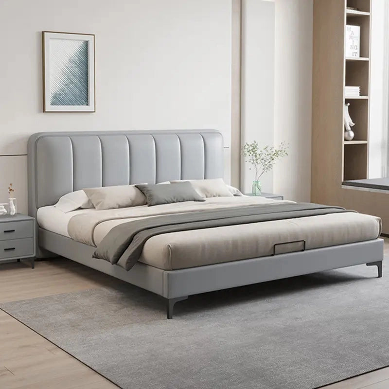  Tall stitched headboard with plush corners, modern bed design, hydraulic bed, grey upholstery