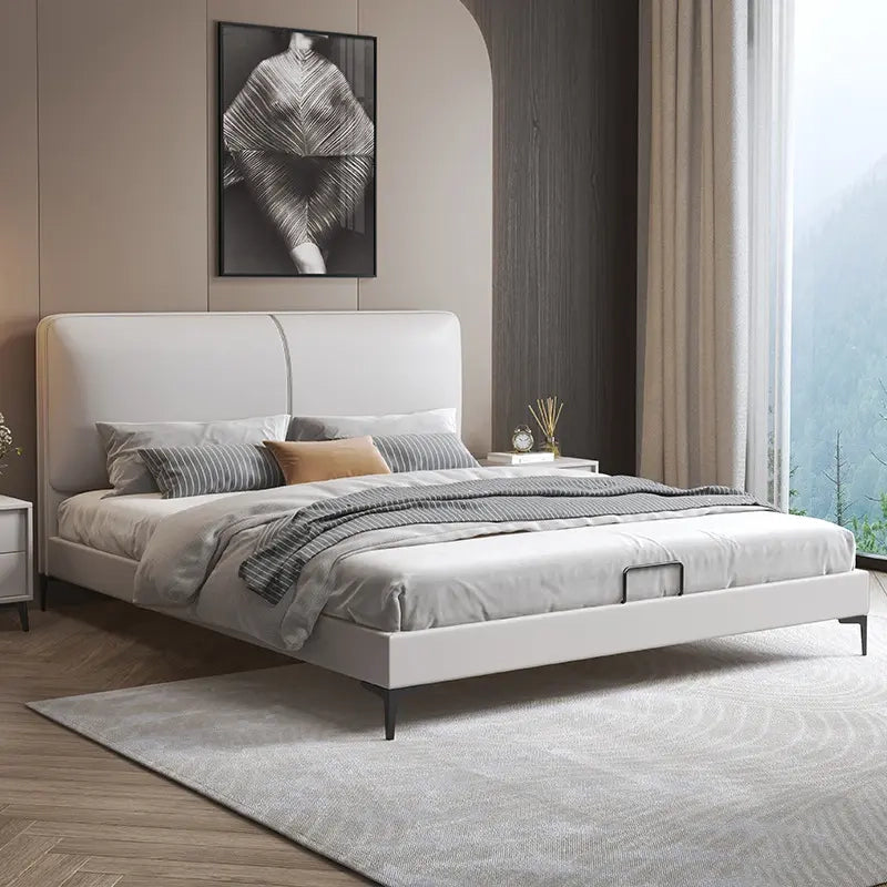 Grey leatherette frame with tall headboard, hydraulic bed + bed frame, modern style
