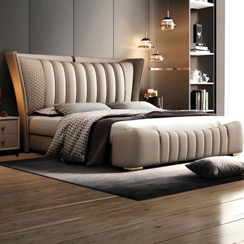 Wingback headboard with gold trim, modern bed design, master bedroom bed design