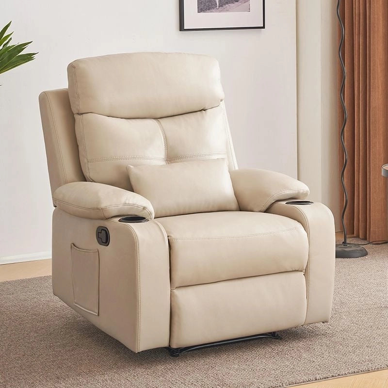 Beige leatherette recliner chair with plush padding, recliner chair and boxy comfort, single-seater