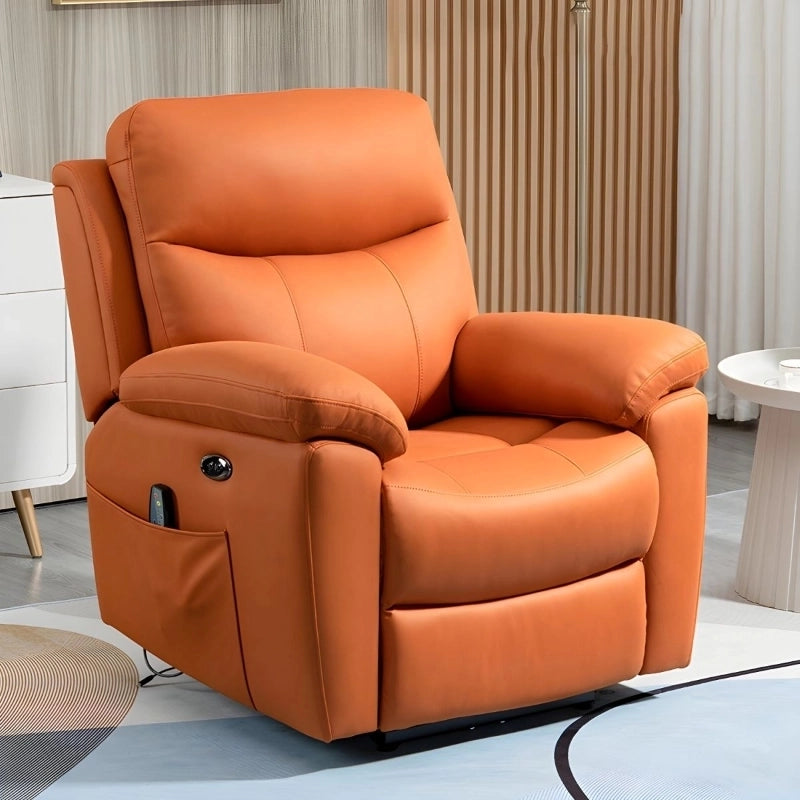 Overstuffed faux leather chair with push-button panel — recliner chair, ergonomic seating, tan faux leather