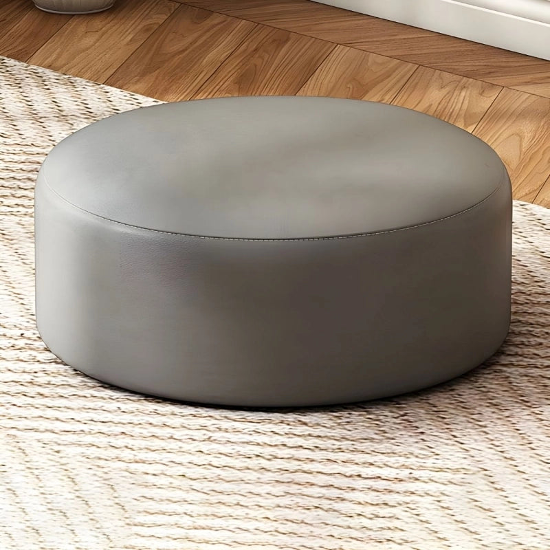  Round ottoman in soft grey – footstool, fabric ottoman – faux leather finish