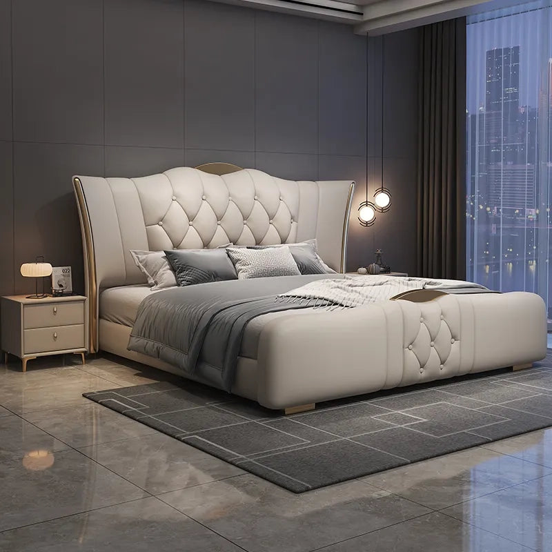 Diamond-tufted headboard with gold trim – master bedroom bed design, bed frame – king size