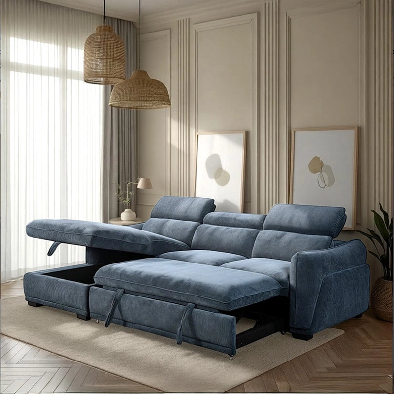 Plush corduroy upholstery with soft Denim blue tone – sofa bed couch, convertible settee 