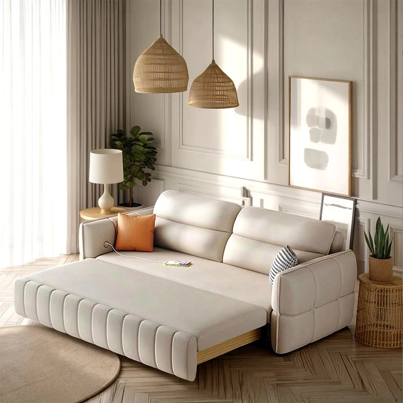 Cream beige channel-stitched faux leather sofa bed – sofa cum bed design, convertible couch bed, 3-seater