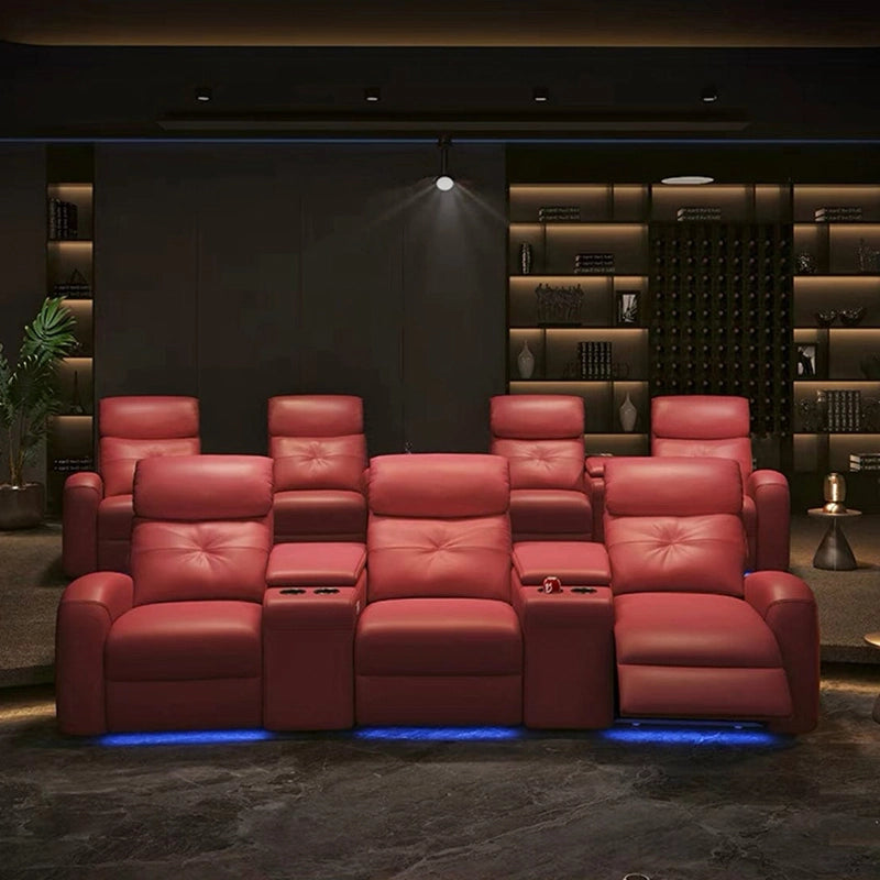 Red leather home cinema seating with home theater chairs and theater sofa seating, curved layout