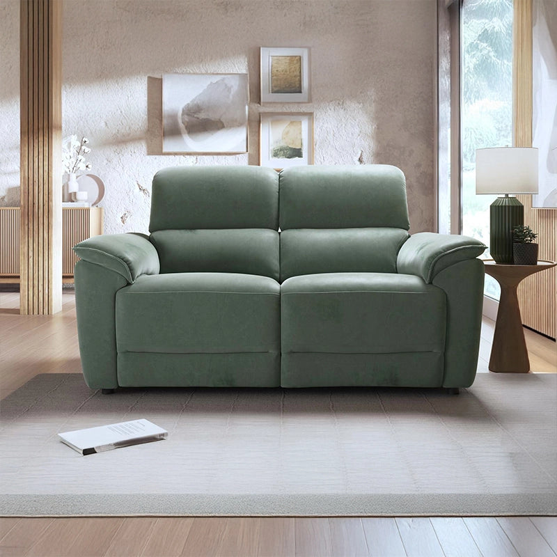 Recliner settee in sage green with plush arms, recliner sofa set, 3 seater design