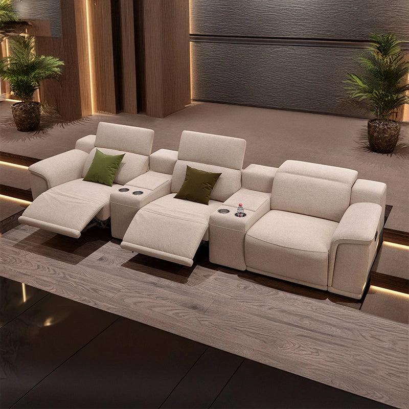  Plush triple-seat cinema design with home theater recliner and home entertainment couch, beige