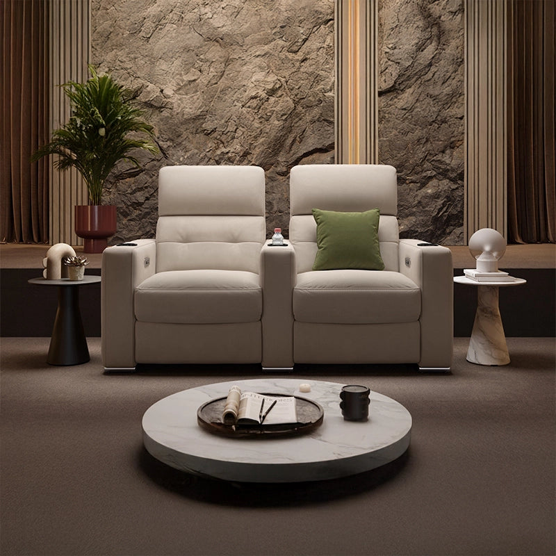 LED-lit cupholders with home cinema recliner and home entertainment couch in beige fabric