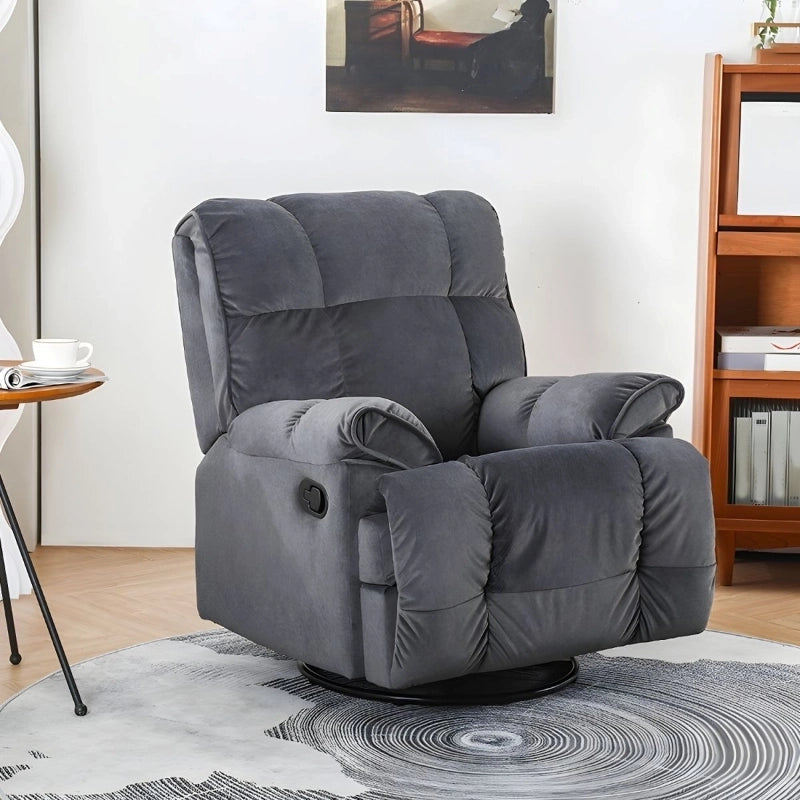 Overstuffed grey recliner with black swivel base – recliner chair, couch recliner, single seat