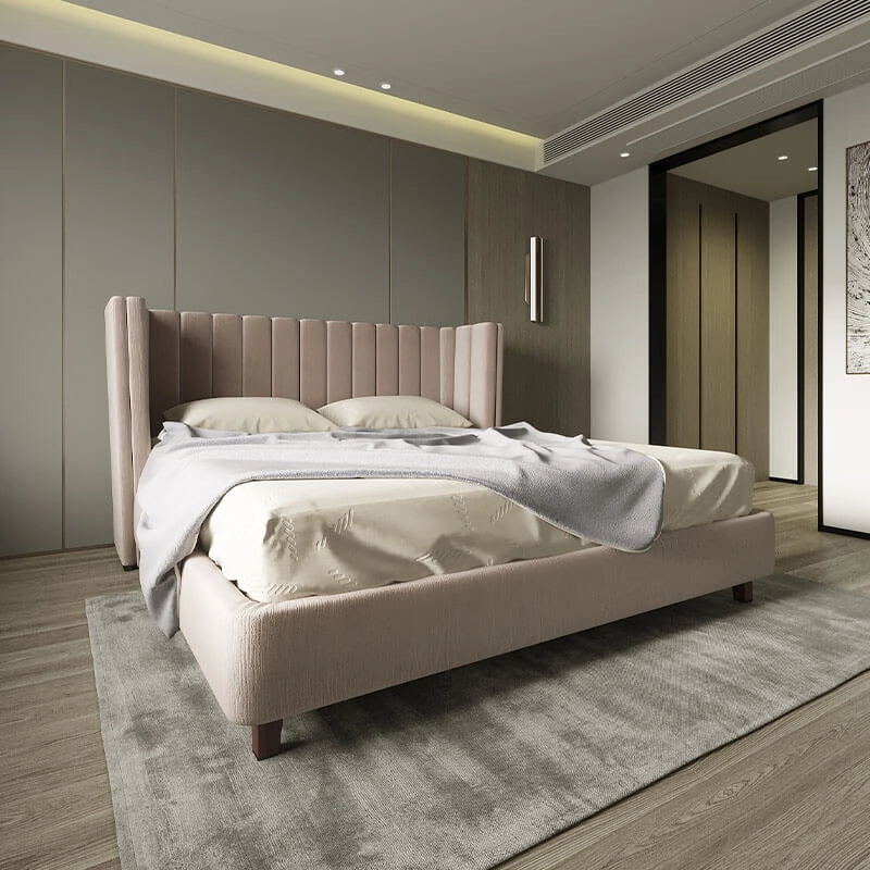 Wingback headboard bed and cot in blush beige with modern bed design, wooden frame