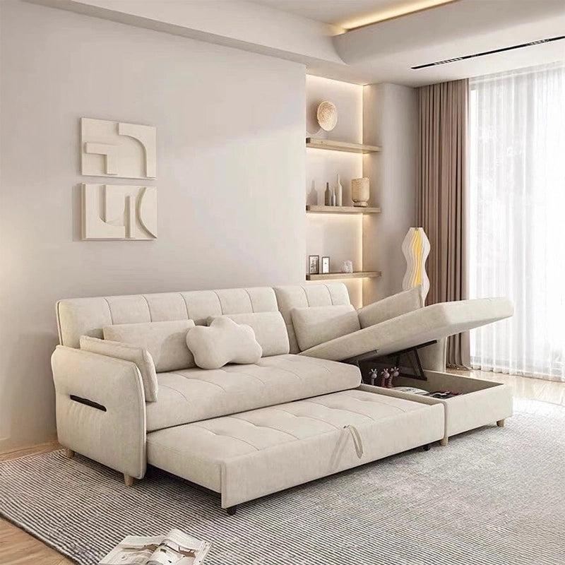 Tufted fabric couch in grey tone – convertible sofa cum bed design – 3-seater shape with wood legs