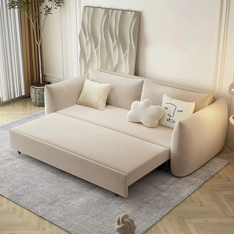 Velvet sofa bed with rounded arms, sofa cum bed design, convertible couch bed, 3-seater beige