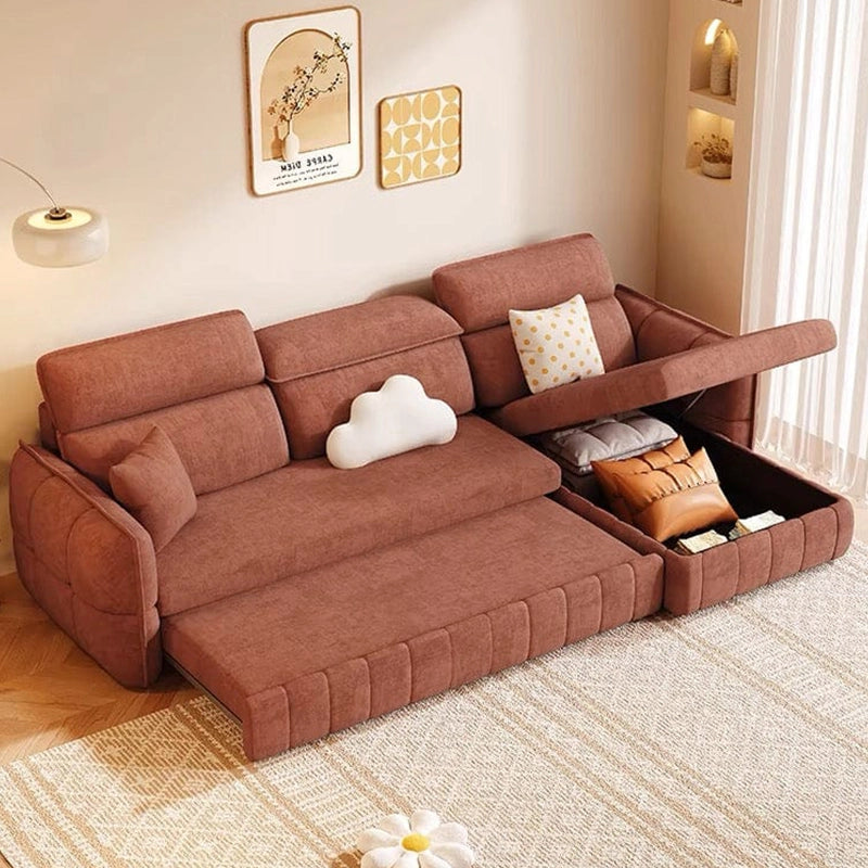 Quilted brown design with wide padded arms, sofa cum bed design, convertible couch bed, 3-seater microfiber